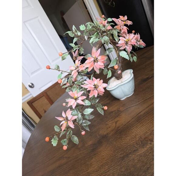 Vintage Chinese Glass Stone Jade Cherry Blossom Bonsai Tree Pink Flowers 14" - Picture 6 of 16